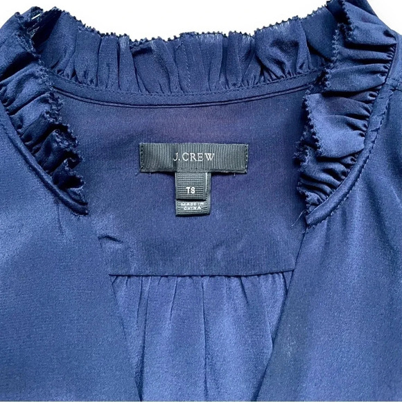 J.Crew Navy Silk Button Up Ruffle Blouse - Picture 2 of 4
